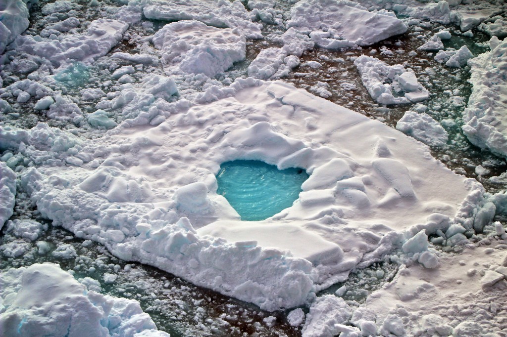 Eine arktische Eisscholle mit einem kleinen Schmelztümpel. Das Foto entstand während einer Polarstern-Expedition in die Framstraße im Jahr 2012. © Sebastian Menze, Alfred-Wegener-Institut 
