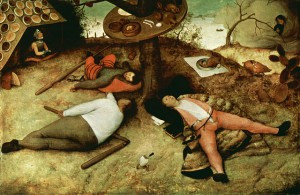 Diesen drei Herren dürfte ihr Lebensstil einige Jahre an Lebenserwartung rauben. © Pieter Breughel der Ältere.  1567. Schlaraffenland, public domain.