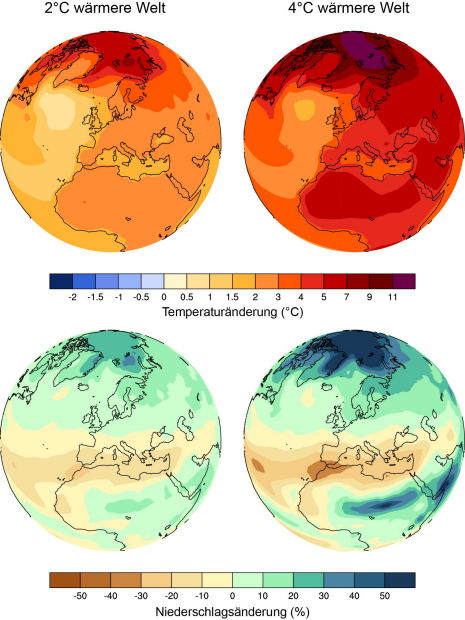 Änderungen von Temperatur und Niederschlag im Jahresmittel in einer zwei und einer vier Grad wärmeren Welt. (Illustration: ETH Zürich / Reto Knutti)